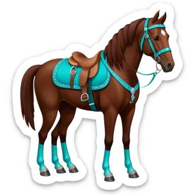 Dark chestnut horse with turquoise western tack full body standing still sticker