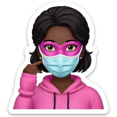 Mujer con mascarilla y un conjunto rosado,dando vibras super bonitas,morena con cabello negro sticker