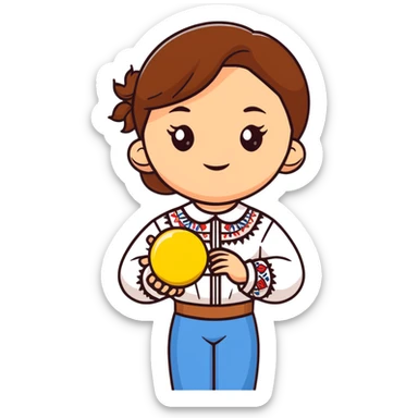 Young Ukrainian girl with brown hair wearing a white traditional embroidered shirt holding the sun in her hand sticker