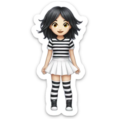 Frontal view curvy emo girl sits white skirt striped stockings hands up sticker