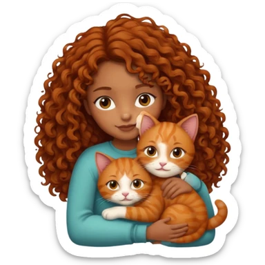 A girl with curly brown hair is hugging a ginger cat sticker