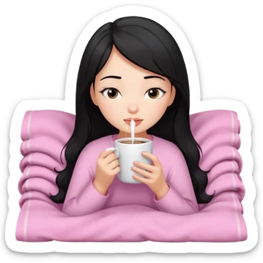black haired girl inside a pink blanket sipping coffee with eyes closed and lashes sticker
