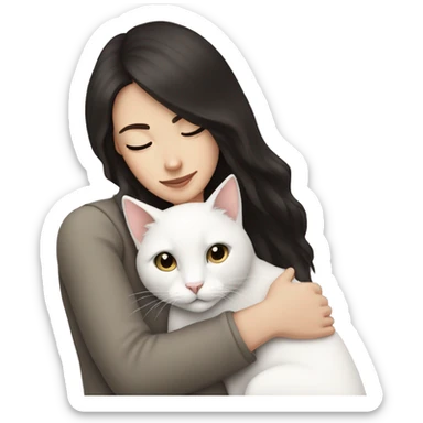 white girl with dark hair hugging a white cat sticker
