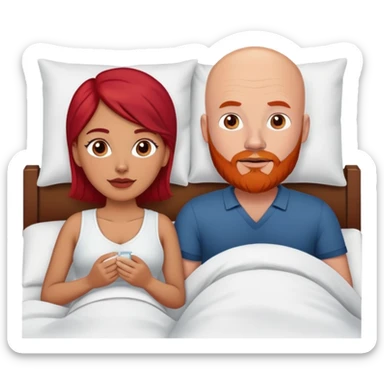 White Bald man with red beard and Hispanic woman with dark brown hair in bed sticker