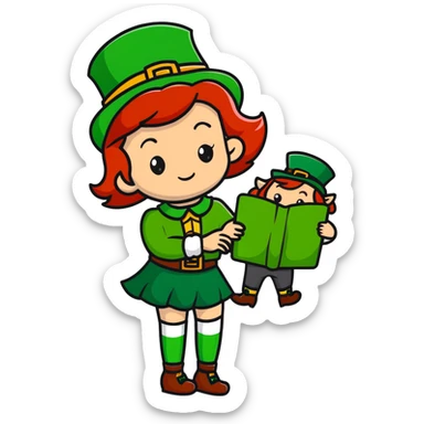 girl with red hair and brown eyes with a leprechaun sticker