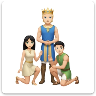 Man as king, standing, black Hair, blue eyes, female Servoamt, blonde, green eyes, shott white sleveless Dress, kneeling, background palace sticker