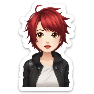 Gorgeous anime style tomboy with blushing face aesthetic and pretty edgy black red punk hair with hair garment trending style sticker