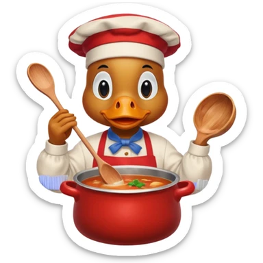 A duck wearing red apron stirring soup in a small pot, looking very focused. sticker