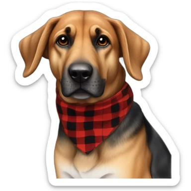 75% Coonhound 25% German Shepherd mix dog wearing small pointed red buffalo plaid bandana side view full body facing left sticker