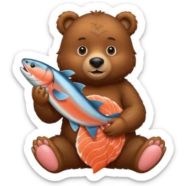 A brown bear holding a salmon sticker