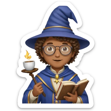 A Joyful Child Male with Brown skin and Curly hair, wearing a Traditional outfit, a Wizard hat, Sunglasses, carrying a Spellbook, working as a farmer, while drinking Coffee and reading a Textbook. sticker
