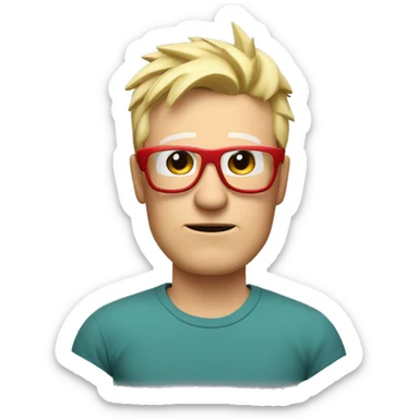 Nerdy middle aged white man with short blond spiky hair looking confused and wearing sunglasses and a red tee shirt holding an electronic tablet sticker