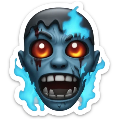 Dark black gray silver maroon zombie face photograph detailed blue flames blue glow sticker