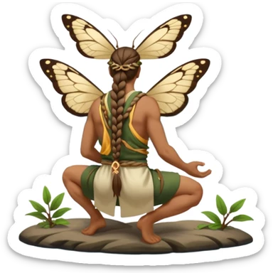 full body druid man, tan skin, long braid, from behind kneeling at lake edge, moths around shoulders sticker