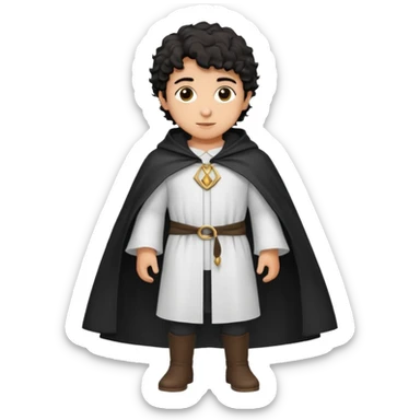 Apariencia: Joven de unos 25-30 años, atractivo,.
-Rostro: Ojos oscuros, piel ligeramente morena, rasgos árabes finos.
-Cabello: Negro, rizado corto, viste como cristiano (camisa blanca, capa corta, colores sobrios). Que salga de cuerpo completo sticker