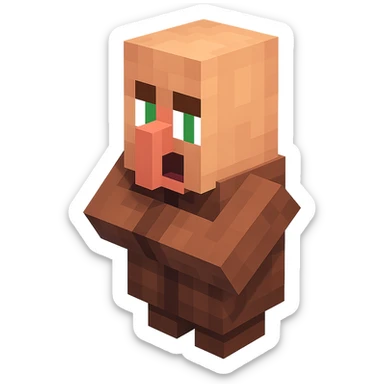 Minecraft villager, 3D blocky voxel style, brown robe, large nose, facing forward, surprised expression, classic Minecraft look sticker