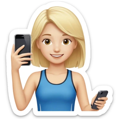 happy girl with blond hair and sports clothes take a photo with her phone sticker
