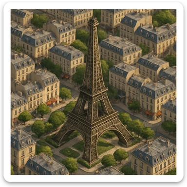 Isometric illustration of Paris, featuring the photorealistic Eiffel Tower surrounded by small Parisian buildings and trees, highly detailed in semi-realistic style sticker