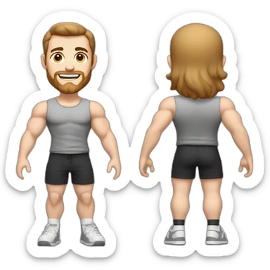 Full height Actively gesturing with hands Pale skinned Fit Man With the biceps and brown hair in dark gray Sleeveless Mike, black oversize sports shorts, watch and white Sneakers sticker