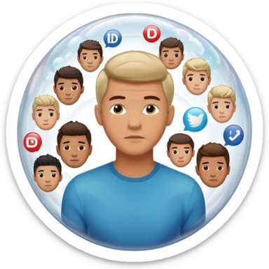 Emoji-style casually dressed man inside a clear bubble surrounded by repeating identical content icons. He can only see one direction, with other viewpoints outside the bubble blurred or muted. Clean-shaven, neutral background, soft lighting sticker