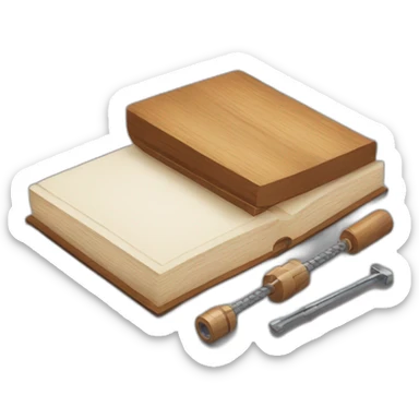 isometric BOOK with picture of wood, metal rods, fabric, tools sticker