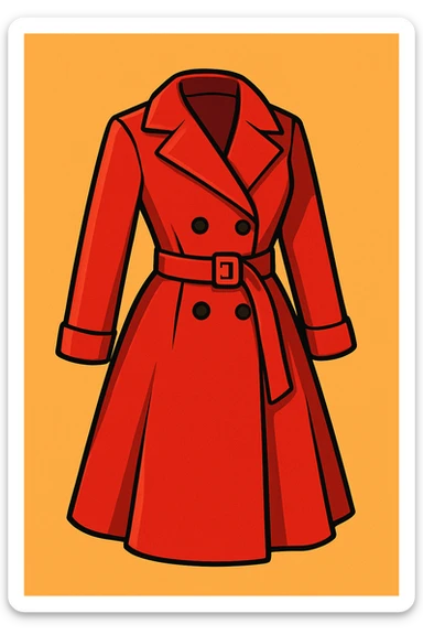 classic red trench coat for women, elegant and simple, vibrant toon style sticker