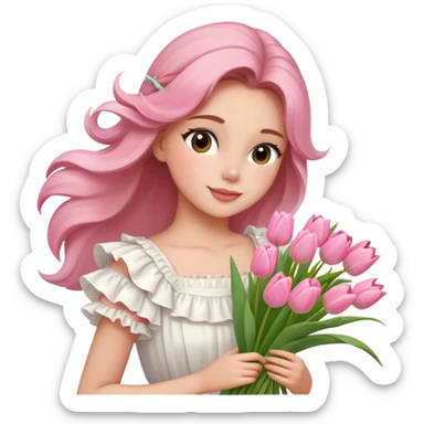  A girl with a half-up half-down hairstyle, and a white ruffled top, enjoying the spring breeze.Holding a bundle of pink tulips sticker
