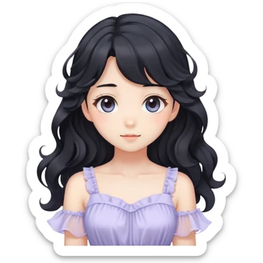 Pretty anime girl with flowing black wavy hair and a soft delicate pastel dress, kawaii style sticker