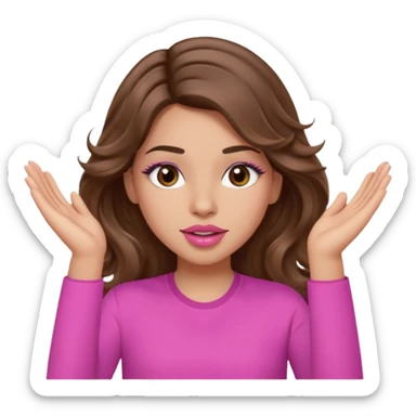 girl with long wavy brown hair, brown eyes, light to medium complexion, in a pink shirt, pink lips, long lashes, puckered lips, both hands in teh air sticker