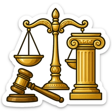Vector illustration of a classic symbol of law (e.g. scales of justice, gavel, courthouse column), designed with elegant and refined lines. Include intricate golden detailing, soft gradients for a polished metallic look, and realistic shadows and highlights for depth. Style should be clean and professional, with a modern yet timeless feel. Transparent background sticker