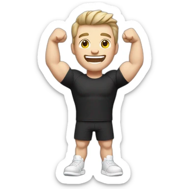 Joyful Celebrating victory Pale skinned Fit Man With the biceps and dark brown hair in black shirt, gray sports shorts and white Sneakers sticker