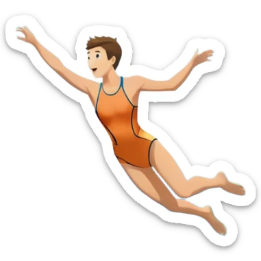 A diver mid-air, plunging from a high cliff into the sparkling ocean below. The background features rugged cliffs, clear blue water, and a bright sky, emphasizing the excitement and danger of the sport with a sense of freedom and adventure. sticker