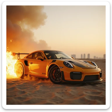 Cinematic shot, Porsche 911 gt3 rs in fire, desert, sunny day, dubai city in background sticker