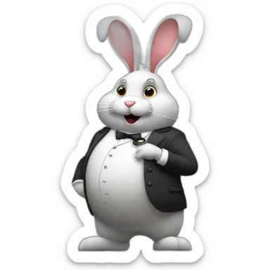 A giant full-length Victorian anthropomorphic fat rabbit holds a watch in his hands, making himself an important gentleman; Big Ben in the background; animated illustration sticker