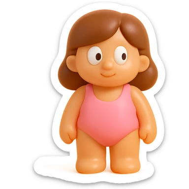 hyper-detailed retro 90's toy style semi-transparent soft plastic beach girl with derpy eyes natural colors tan skin brown hair pink swimsuit no tag no background soft reflections soft and squishy some cloudiness not shiny highly detailed appealing sticker