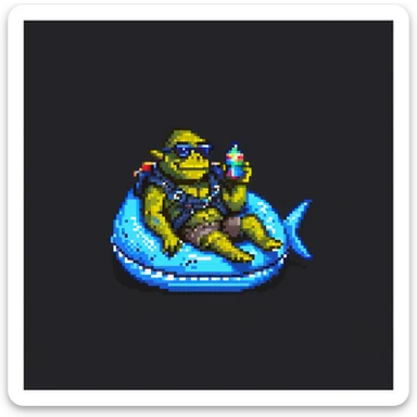 orc male lounging in a shark floatie, oversized sunglasses, whistle on neck cord, pixel art style sticker