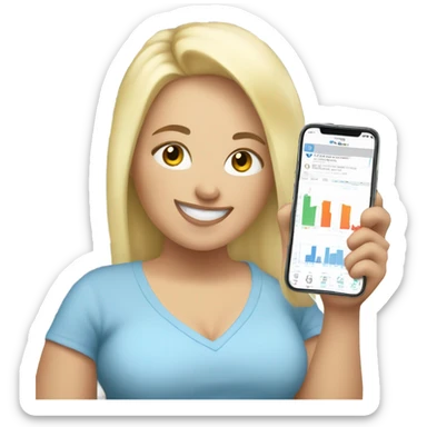 overweight blondie woman happy with a smartphone in hands showing charts sticker