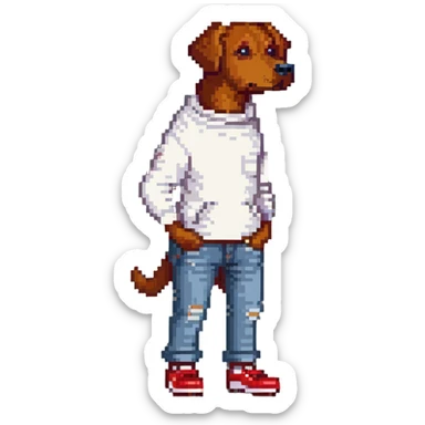 Brown dog standing upright with hands in jean pockets, wearing a white sweater and red shoes sticker