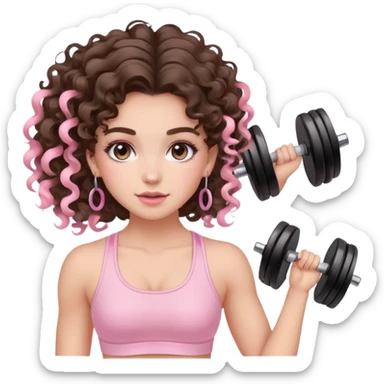 cute balayage brunette long hair curly/wavy haired girl, hoop earrings, clean girl makeup DOING EXERCISE with weights with a cute pastel pink set sticker