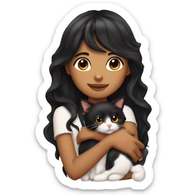 TAN SKIN GIRL with long black wavy hair and bangs HUGGING HER CALICO CAT  sticker