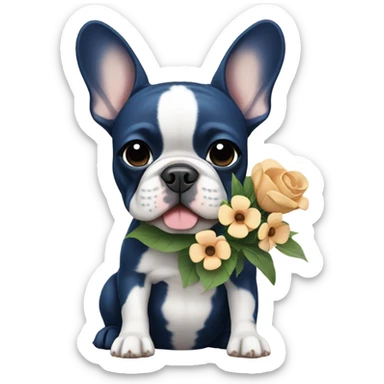 dark blue and tan french bulldog holding flowers sticker