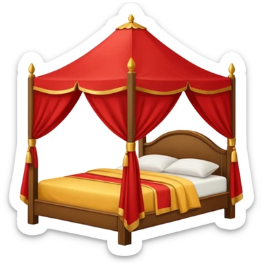 bed with red and gold sheets, wooden, canopy, simple sticker
