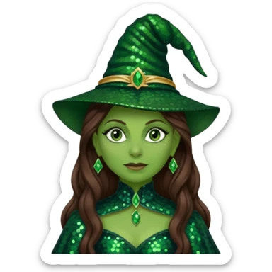 Elphaba from The Wizard of Oz with long brown hair, dark green sequin outfit, green skin sticker