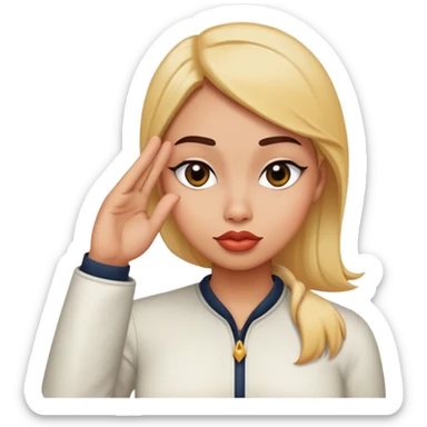 duck lips and side eye face like hmm maybe embarrassing with hand flat off the side of a head like a salute sticker