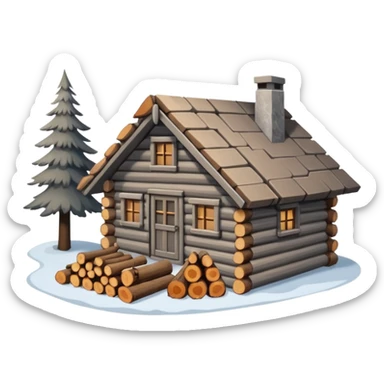 Greyish brownish winter cabin with wood logs laying outside sticker