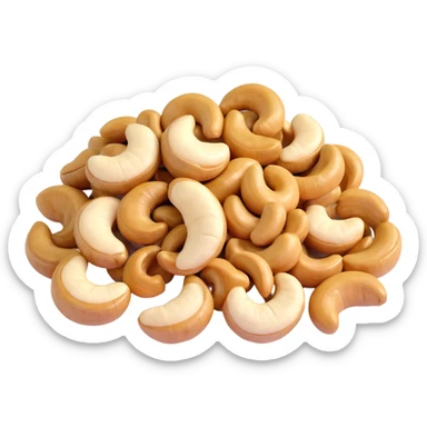 3D color illustration of small pile of glossy roasted cashew nuts, crescent-shaped, realistic texture, light tan color, grouped for detail, emoji-like 3D style, white background sticker