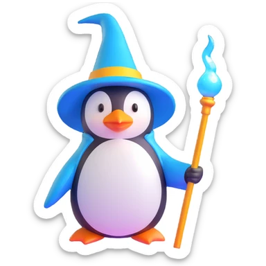 3D rendered penguin wizard with shiny hat and glowing staff, playful toy-like style sticker