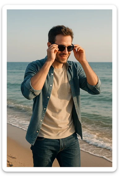 uomo passeggia a mare e si mette gli occhiali da sole sticker