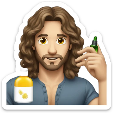 white skin men with long brunette hair with a perfum bottle sticker