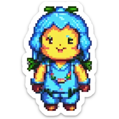 Jin character, cheerful expression, pixel art style sticker
